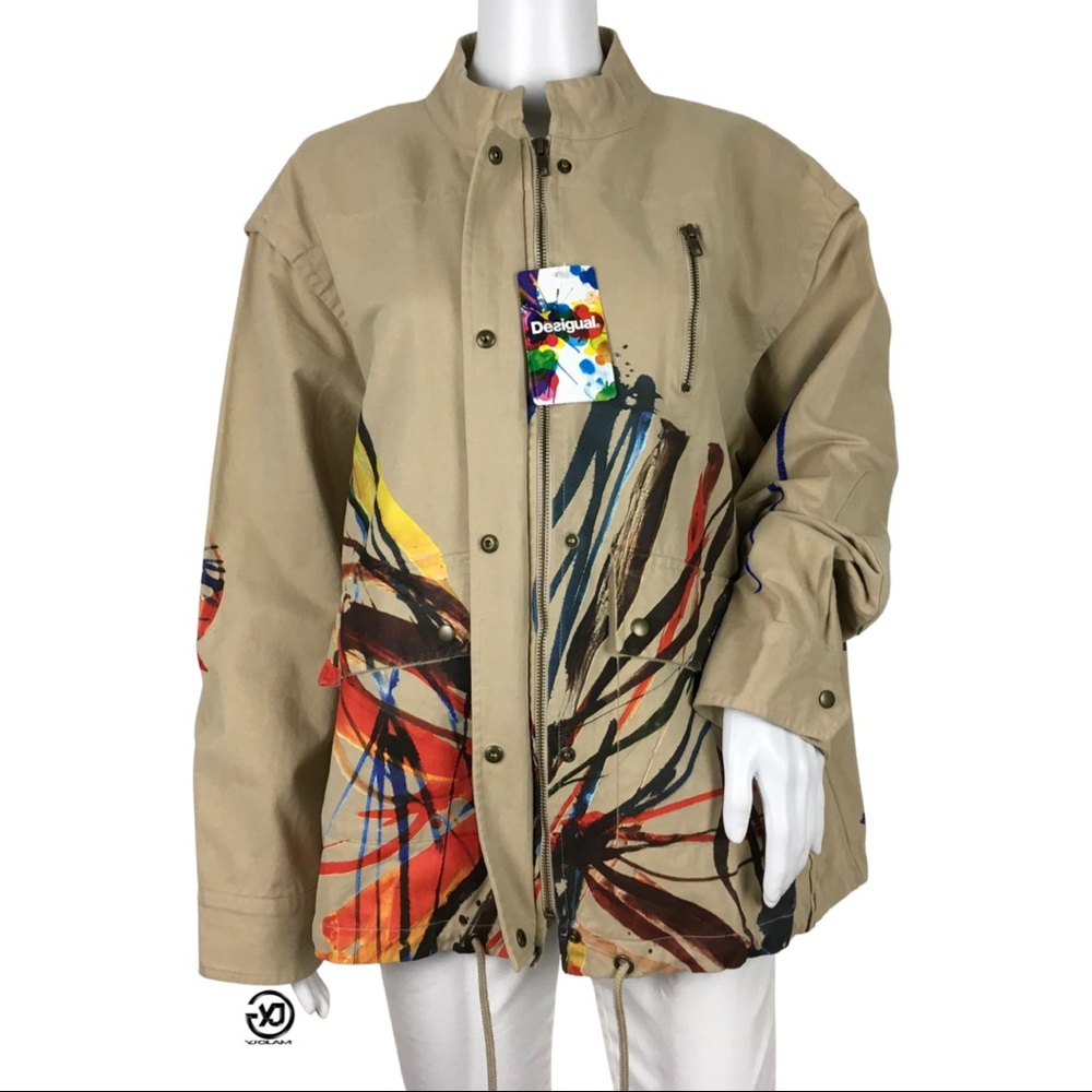 NWT Desigual Women's Jacket Daphne Beige Art Print Design Sz 46